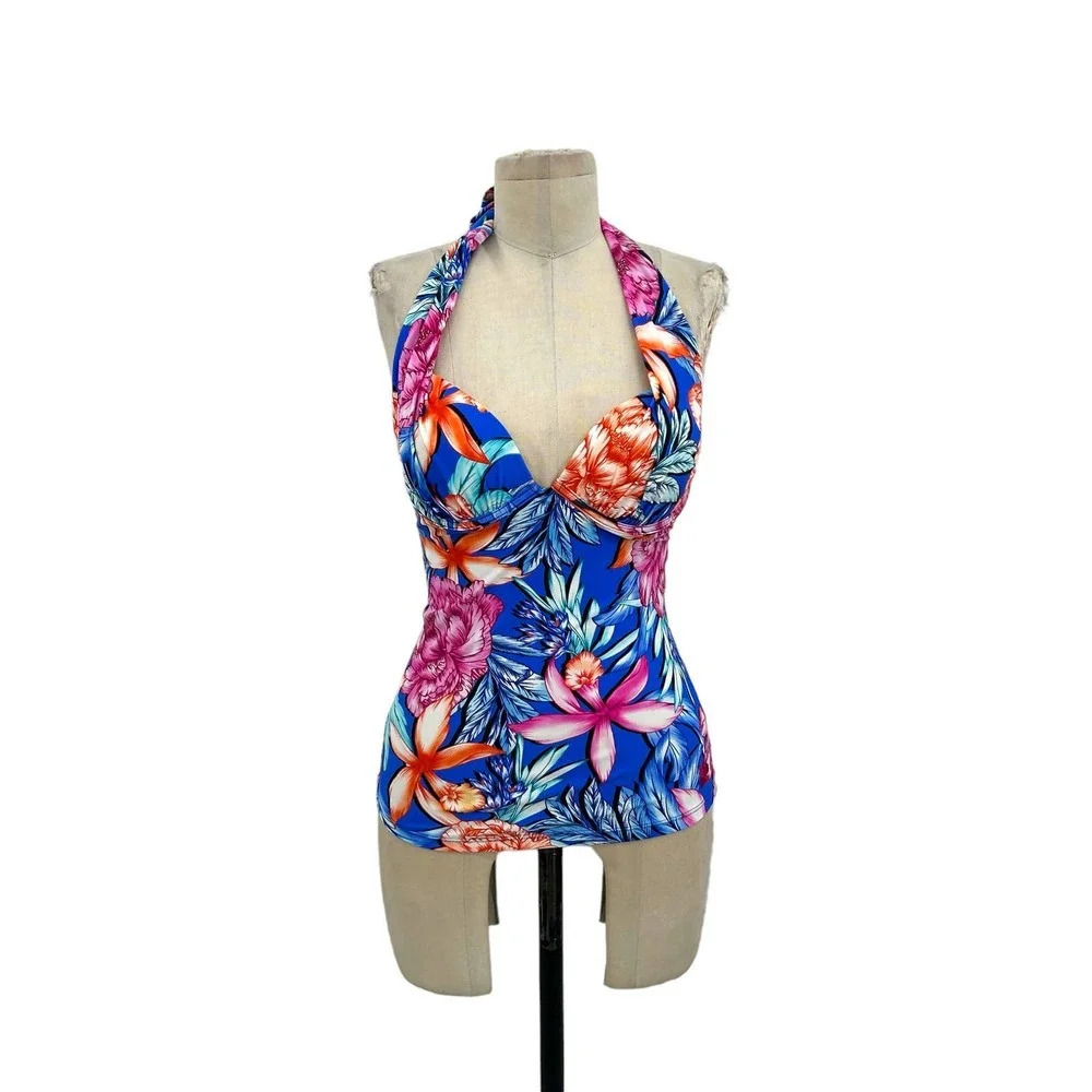 Hapari Blue Floral Print Halter Tankini Swim Top‎ Size Small (US 4-6)
